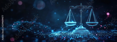 Digital scales of justice glowing on dark tech background.