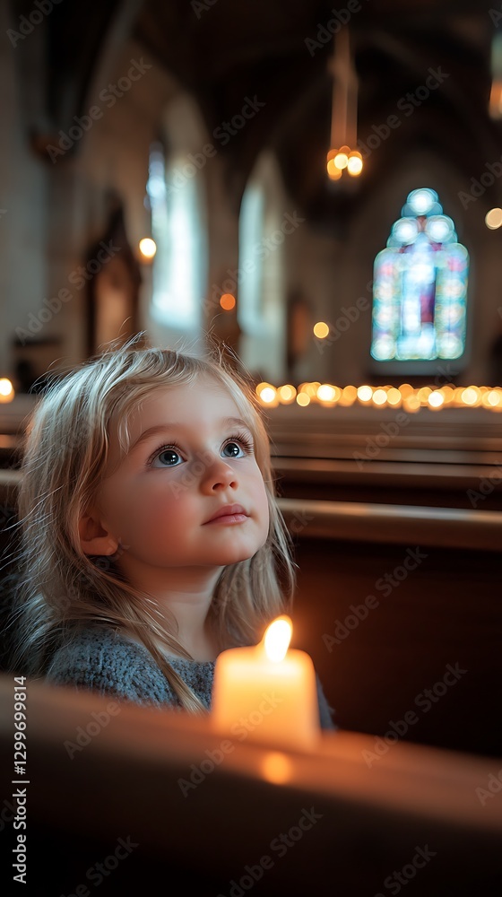 A young child gazes at the light in a church sanctuary A young child gazes at the light in a church sanctuary