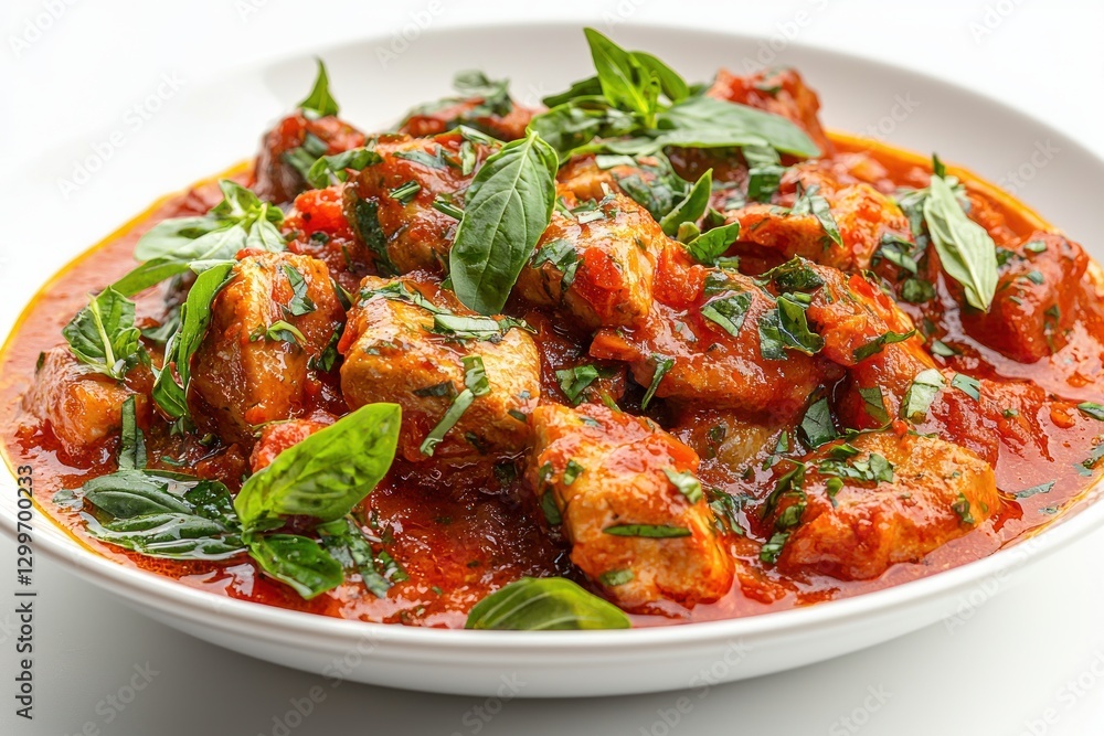 Hearty chicken cacciatore in rustic tomato sauce with basil and fresh herbs on a white background Italian cuisine close up Hearty chicken cacciatore in rustic tomato sauce with basil and fresh herbs on a white background Italian cuisine close up