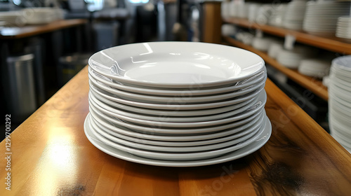 Stacked white plates on wooden table in store