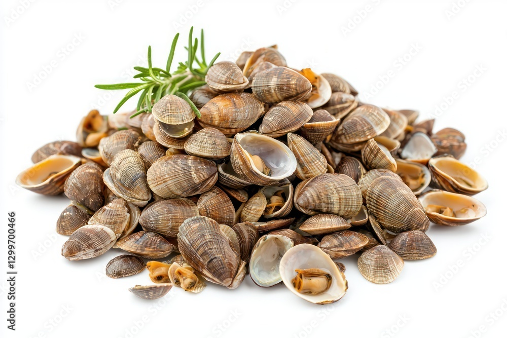 Abundance of Fresh Clams with Aromatic Rosemary Sprig on Clean White Background Culinary Still Life Abundance of Fresh Clams with Aromatic Rosemary Sprig on Clean White Background Culinary Still Life