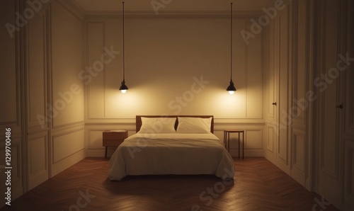 Dimly lit bedroom with bed, nightstands, and pendant lights.