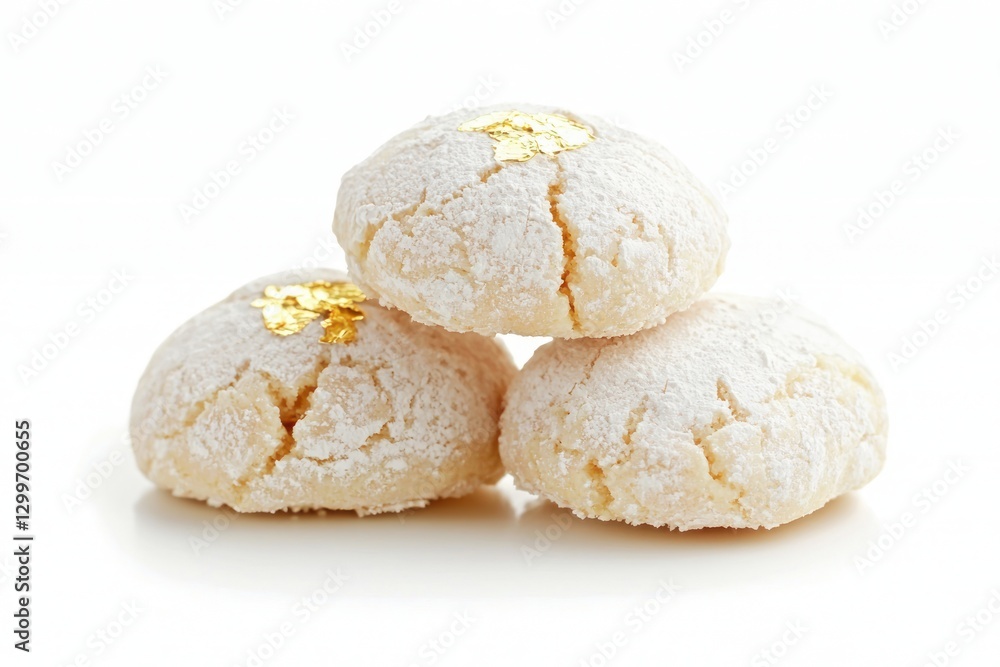 Delicious almond cookies dusted with powdered sugar adorned with gold leaf on white background Delicious almond cookies dusted with powdered sugar adorned with gold leaf on white background