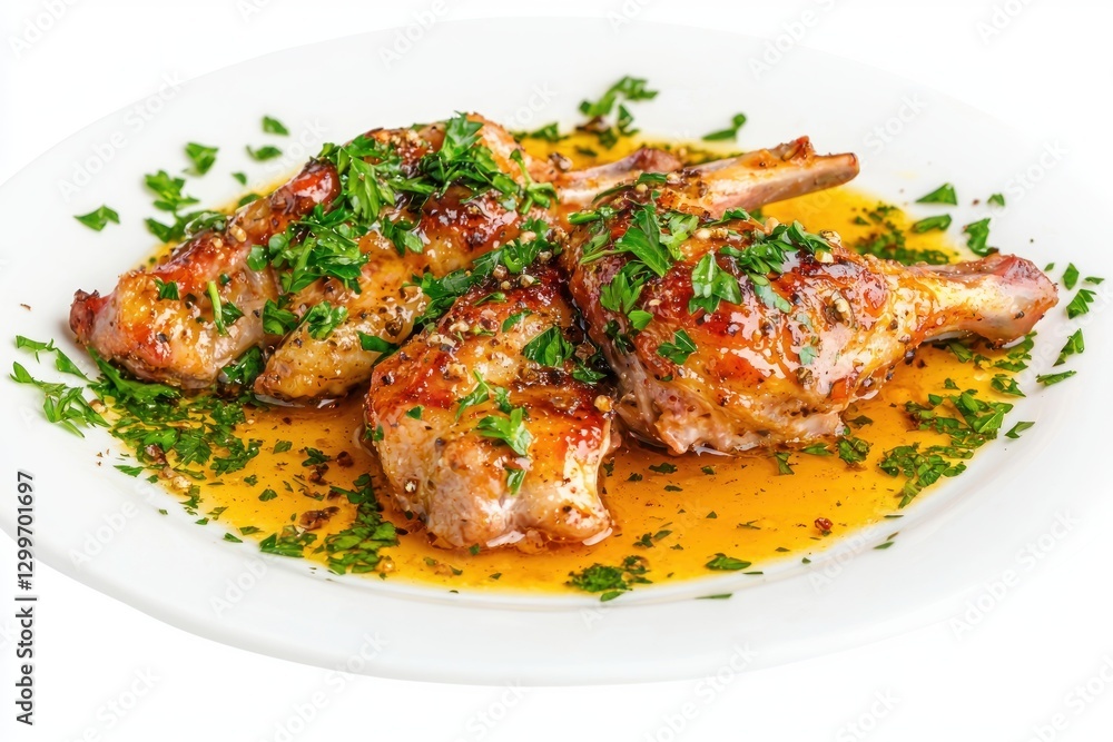 Delicious grilled lamb chops with fresh parsley and savory sauce served on white plate close up view Delicious grilled lamb chops with fresh parsley and savory sauce served on white plate close up view