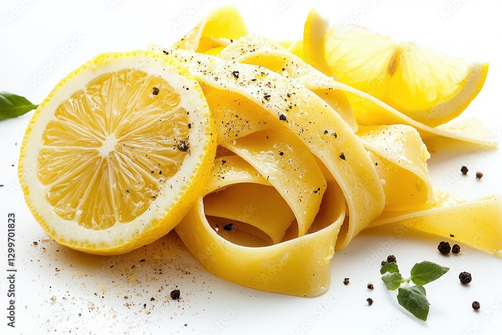Delicious and appetizing fettuccine pasta with slices of fresh lemon and basil on white background, a culinary composition Delicious and appetizing fettuccine pasta with slices of fresh lemon and basil on white background, a culinary composition