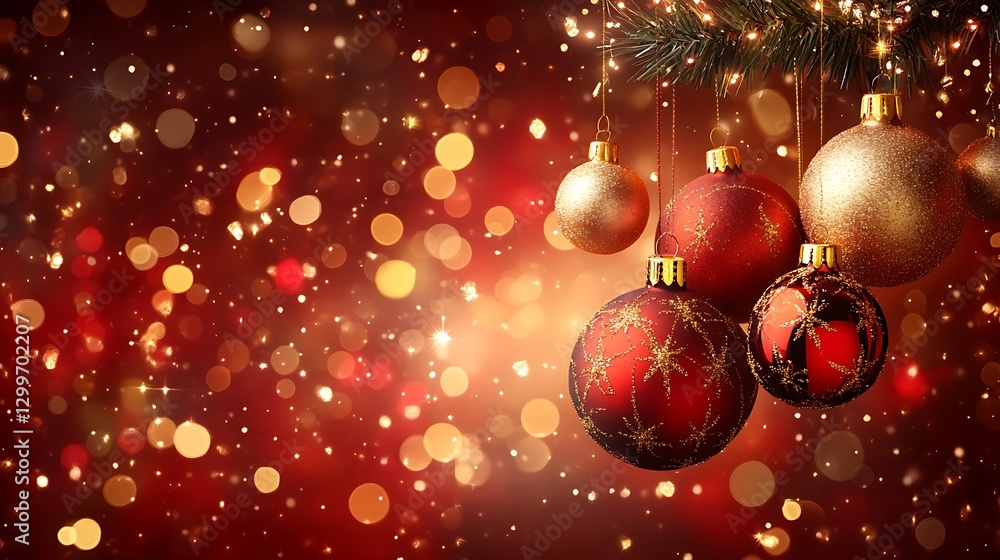 Festive Christmas Ornaments Hanging Against a Red and Gold Background Festive Christmas Ornaments Hanging Against a Red and Gold Background