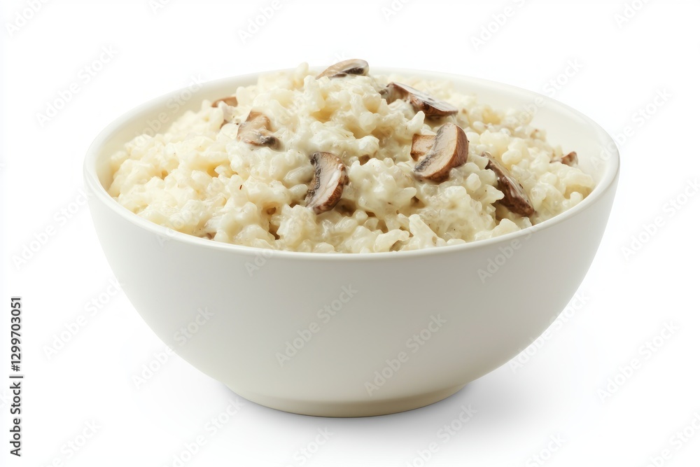 Creamy mushroom risotto presented in a white bowl close up view perfect lunch delicious italian food Creamy mushroom risotto presented in a white bowl close up view perfect lunch delicious italian food
