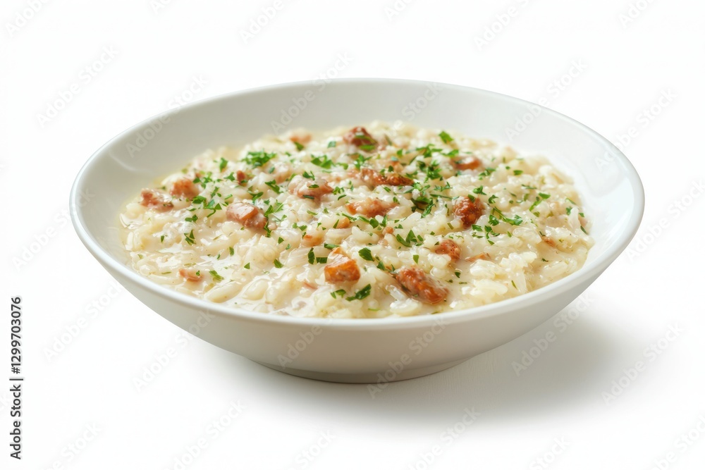 Creamy risotto delight in a bowl with herbs and meat against plain background offering a balanced and tempting closeup of a gourmet dish Creamy risotto delight in a bowl with herbs and meat against plain background offering a balanced and tempting closeup of a gourmet dish