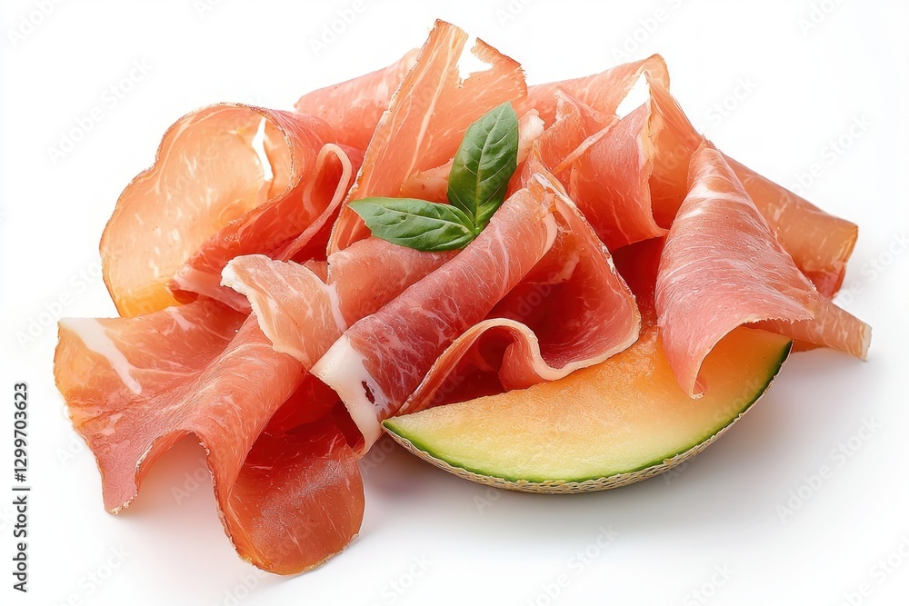 Artistic Arrangement of Thin Sliced Prosciutto with Melon Slice and Basil Garnishing Food Styling Artistic Arrangement of Thin Sliced Prosciutto with Melon Slice and Basil Garnishing Food Styling