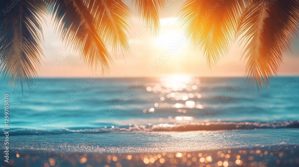 Fototapeta premium Sunset beach scene tropical paradise landscape photography calm ocean relaxing vibes