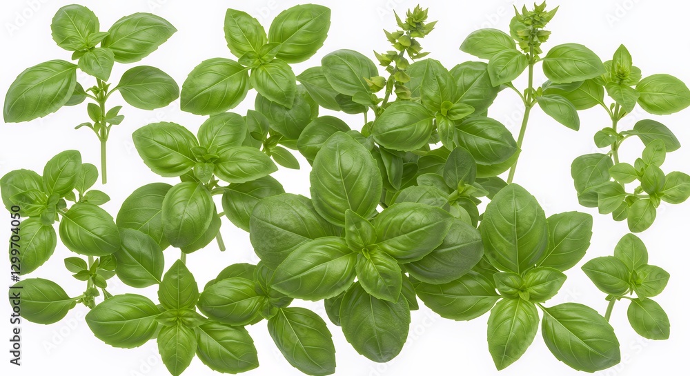 Fresh Green Basil Leaves with Water Droplets on White Background Fresh Green Basil Leaves with Water Droplets on White Background