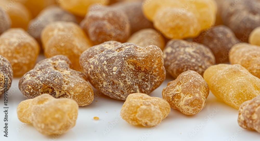 Fototapeta premium Golden Brown Frankincense Resin Pieces on White Background Detailed Macro Photography