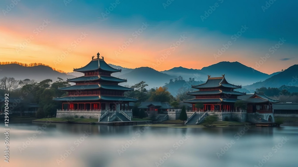 Obraz premium Chinese ancient buddhist house nestled in a serene landscape during a stunning sunset, china, architecture