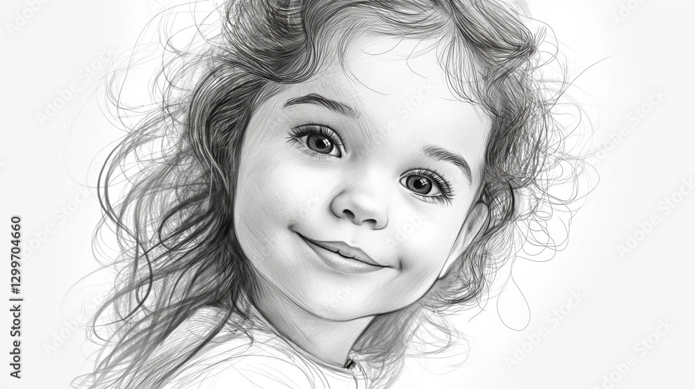 Artistic black and white portrait of a young girl gazing upward, featuring dynamic curly hair and detailed facial features. Artistic black and white portrait of a young girl gazing upward, featuring dynamic curly hair and detailed facial features.