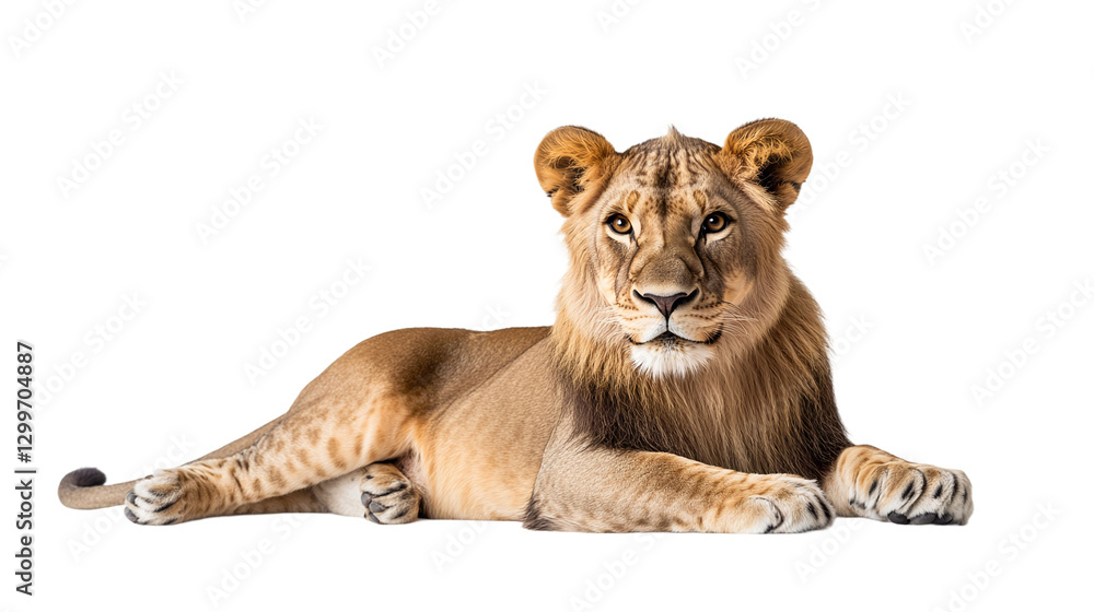 Full-body lion portrait, lying down, isolated on transparent background, representing strength, power, and the majestic wildlife predator from the African jungle. Full-body lion portrait, lying down, isolated on transparent background, representing strength, power, and the majestic wildlife predator from the African jungle.