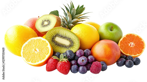 Pile stack of colorful fruits isolated on transparent background, representing fresh, organic, vitamin-rich tropical fruits, perfect for a nutritious diet or summer meals.