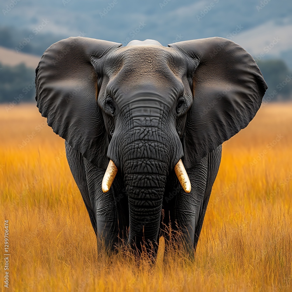 Naklejka premium Elephant standing in field, hills behind