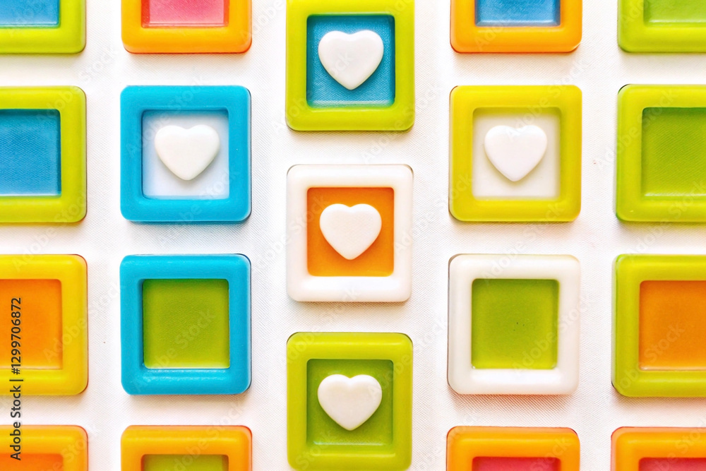 Colorful square blocks with white hearts in a pattern. Colorful square blocks with white hearts in a pattern.