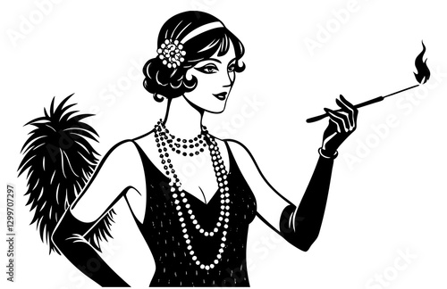 A black-and-white illustration of a glamorous 1920s flapper woman wearing pearls, gloves, and a feathered accessory, holding a long cigarette holder with a lit tip.
