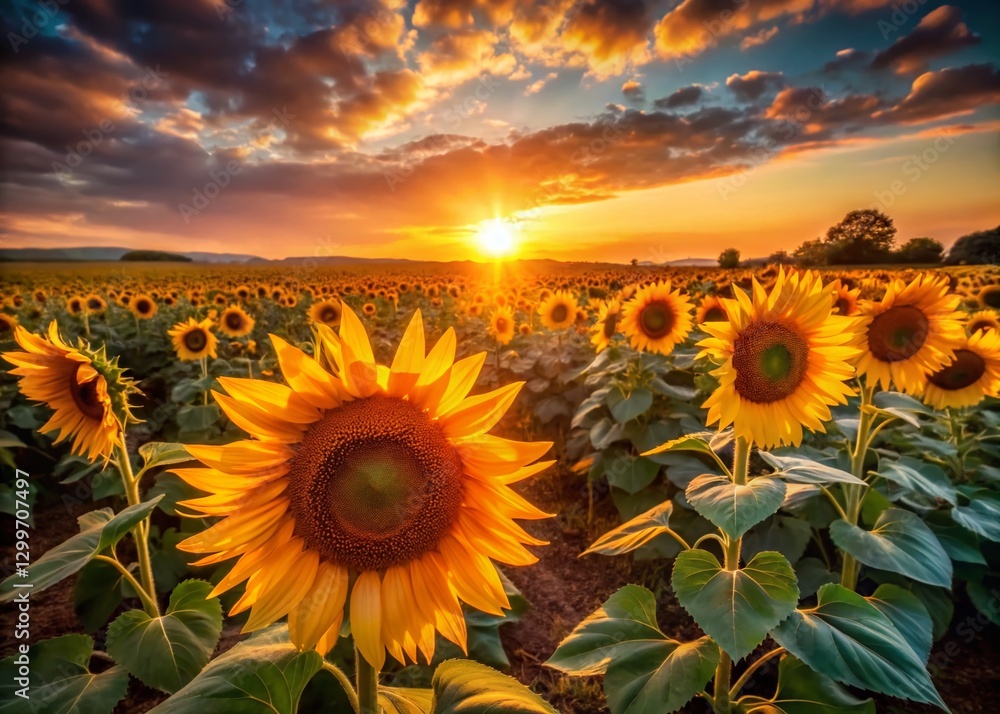 Fototapeta premium Stunning Sunset over a Sunflower Field - Vibrant Agricultural Landscape Photography