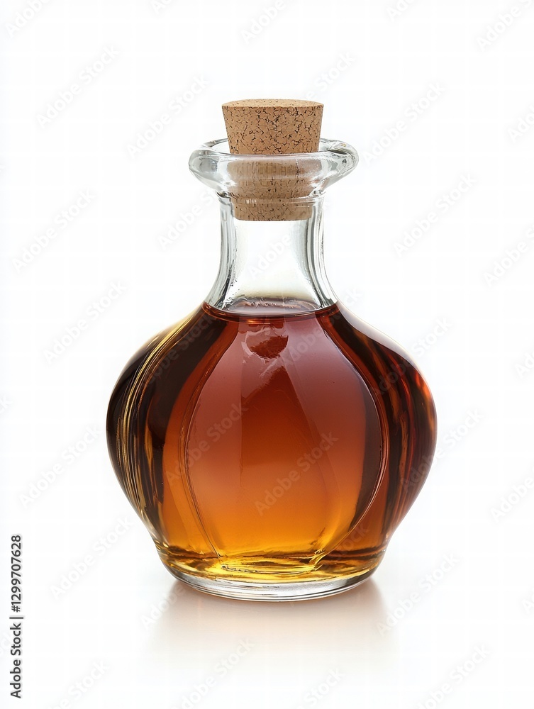 Glass bottle containing golden liquid with cork stopper on white Glass bottle containing golden liquid with cork stopper on white