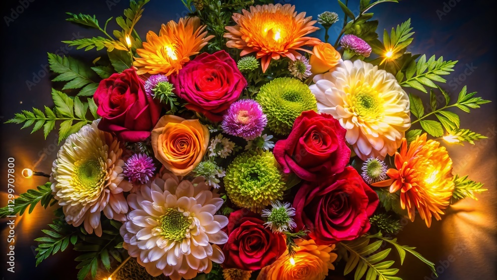 Obraz premium Stunning Top View Night Photography of a Florist-Arranged Bouquet: Roses, Chrysanthemums & Leaves Isolated on White