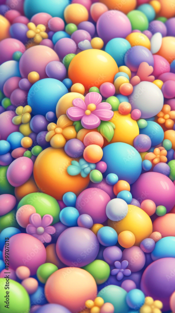 Colorful spheres and flowers piled in background, suitable for spring concepts and playful compositions Colorful spheres and flowers piled in background, suitable for spring concepts and playful compositions