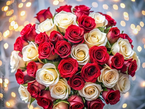 Stunning Top View of a Huge Bouquet of Red and White Roses with Bokeh Background