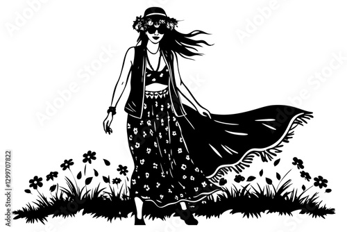 A black-and-white illustration of a free-spirited bohemian woman in a flowing skirt, flower crown, and sunglasses, walking through a field of flowers.