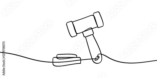 continuous line drawing of justice symbol judge hammer icon. abstract line art illustration