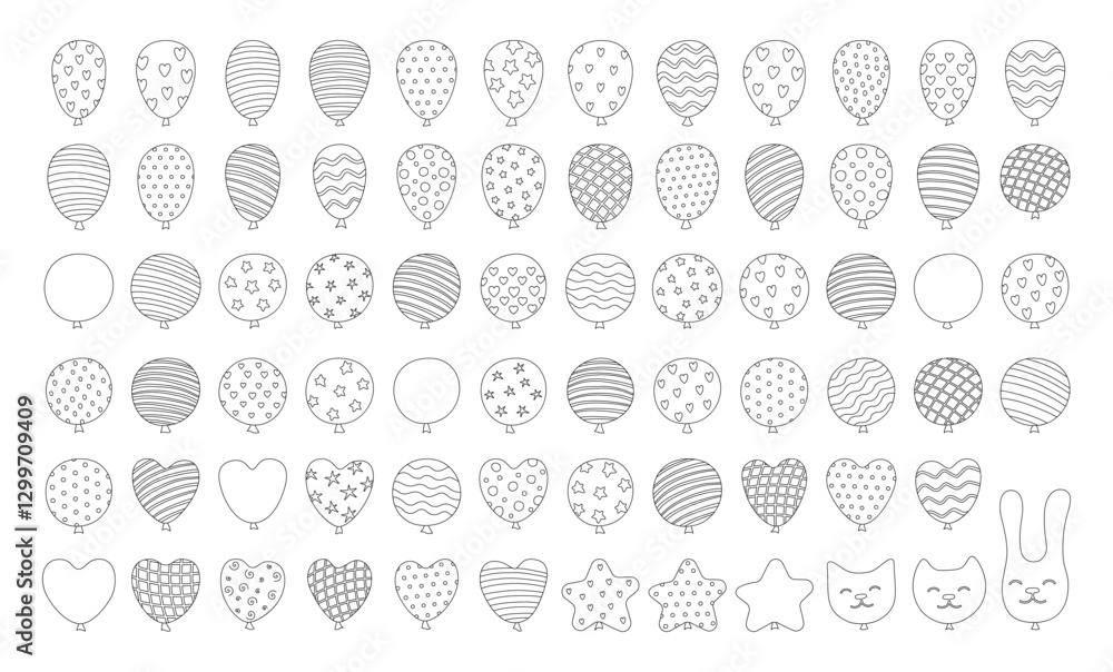 Fototapeta premium Patterned Balloons doodle set illustration. Linear various shaped and patterns balloons. Cartoon design perfect for party. Birthday celebration festivities decorations, card, celebrate vector kids art