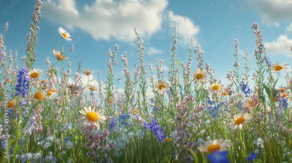 Fototapeta premium Colorful wildflowers are blooming in a vibrant meadow under a bright blue sky, creating a picturesque scene of natural beauty and tranquility