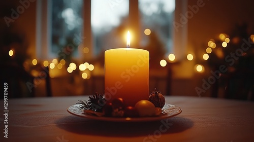 Christmas candle, lit, home, holiday decor photo