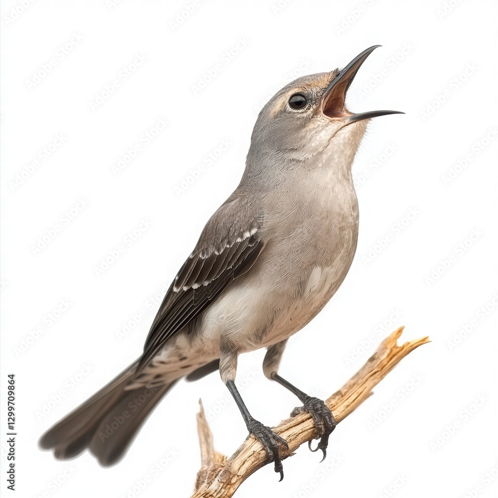 Gray bird singing on a dried branch with open beak in soft light Gray bird singing on a dried branch with open beak in soft light