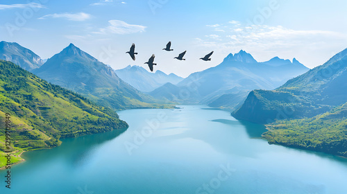Birds Flying Over a Serene Mountain Lake Landscape