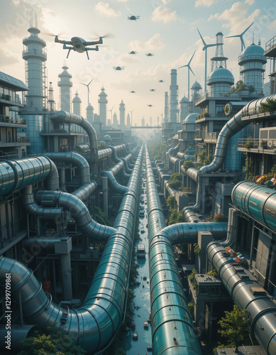 Wallpaper Mural A stunningly detailed image of a futuristic city where waste is completely repurposed into new products. Transparent pipelines transport recycled materials to manufacturing centers, where robotic syst Torontodigital.ca