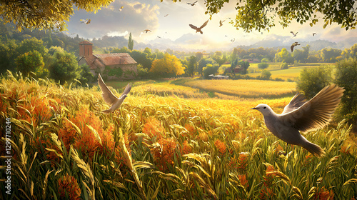 Birds Flying Over Golden Wheat Field at Sunrise