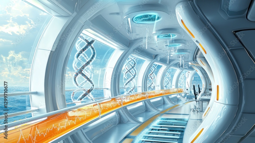 Fototapeta premium Futuristic spaceship corridor with ocean view, DNA helix, and medical monitoring displays.