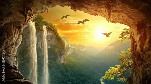 Birds Flying Over Waterfall and Mountains at Sunset Seen From Cave