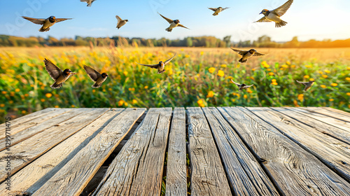 Birds Flying Over Yellow Flower Field with Wooden Deck