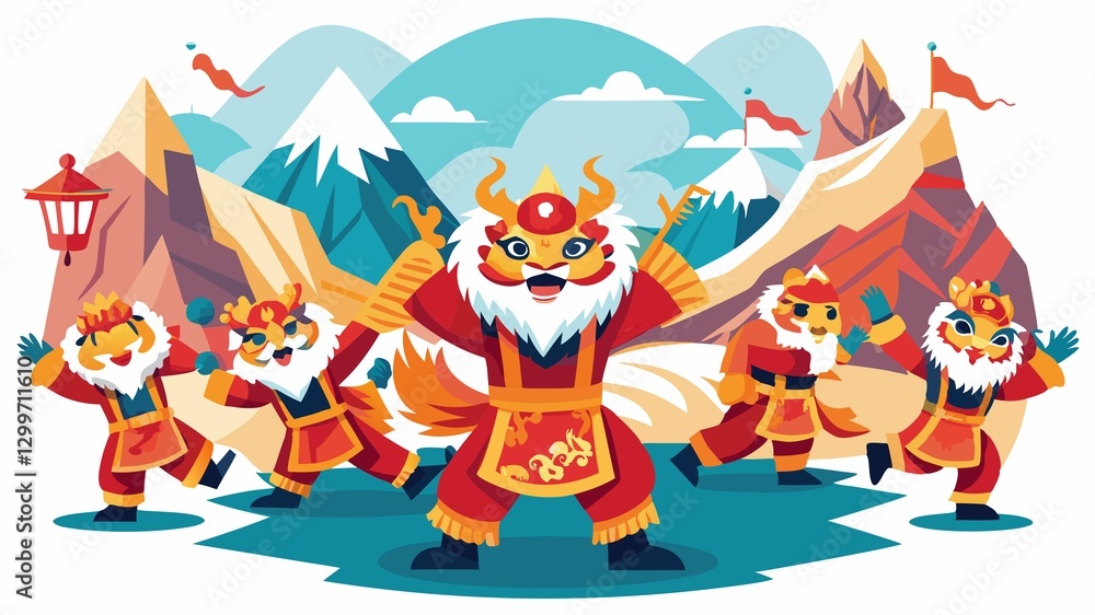 Fototapeta premium The majestic peaks of a scenic mountain range form a breathtaking backdrop to a captivating lion dance performance, where the troupe's skilled movements and vibrant costumes create a powerful and mem