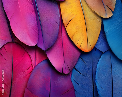 Colorful feathers overlap in close-up background