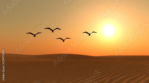 Birds in Flight Over Orange Desert Sunset