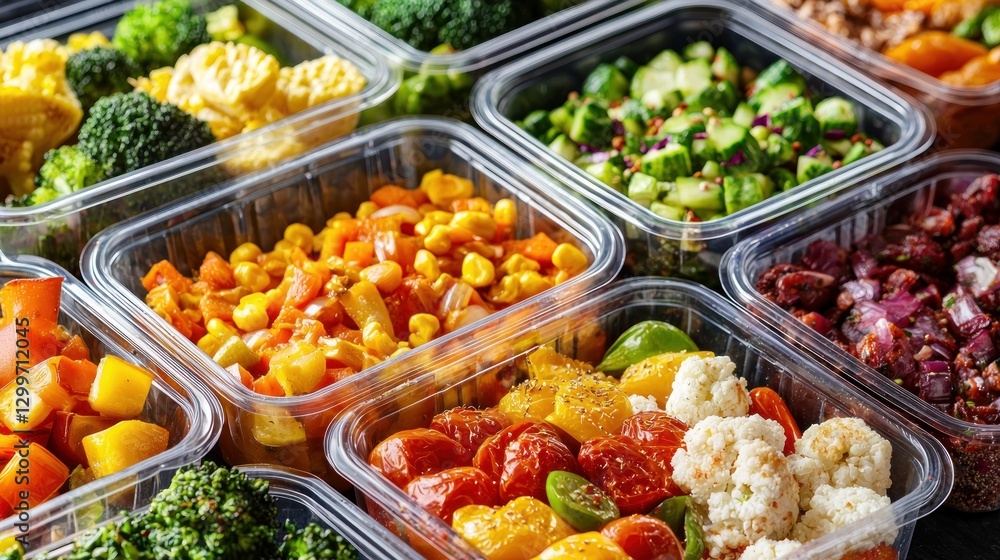 Assorted healthy pre-portioned vegetable meals in plastic containers. Assorted healthy pre-portioned vegetable meals in plastic containers.