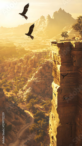 Birds Soaring Over a Golden Canyon at Sunset