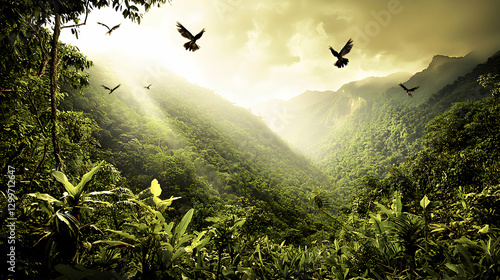 Birds Soaring Over Lush Green Jungle Valley at Sunrise