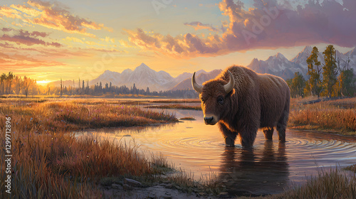 Bison at Sunset in Mountain Plains