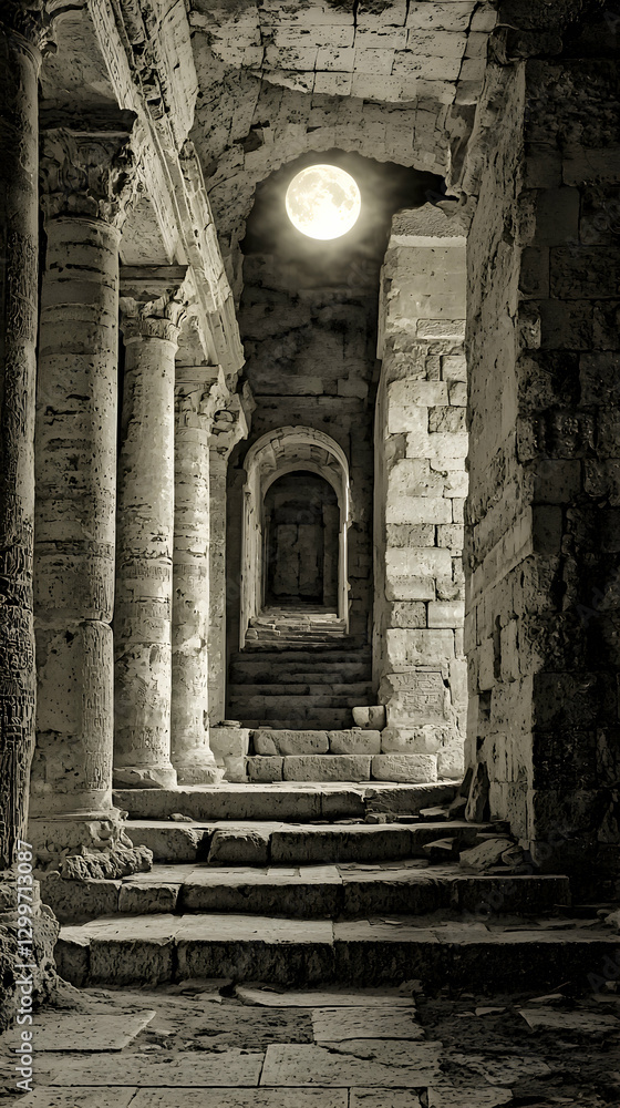 Moonlit Passage Through Ancient Stone Ruins Moonlit Passage Through Ancient Stone Ruins