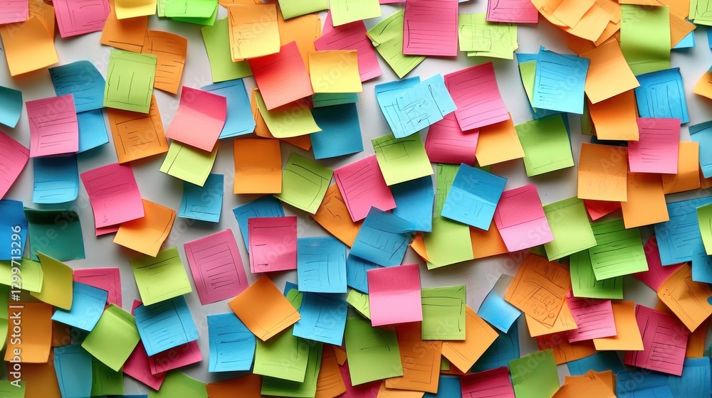 Colorful sticky notes scattered on a white surface. Colorful sticky notes scattered on a white surface.