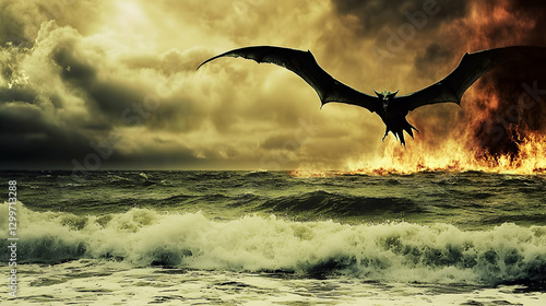 Black Dragon Soaring Over Fiery Sea During Storm